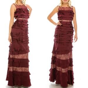 Adrianna Papell Burgundy Ruffle Maxi Dress